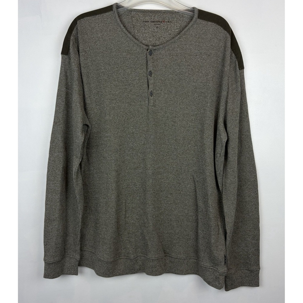 John Varvatos Waffle Henley Shirt Mens XL Pullover Army Green Elbow Patch Casual